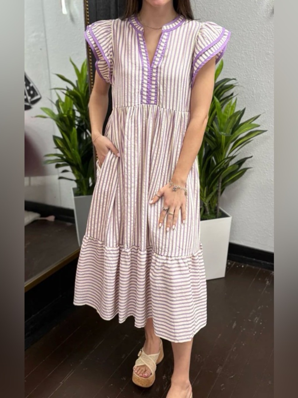 entro Lavender and White Striped Flutter-Sleeve Midi Dress